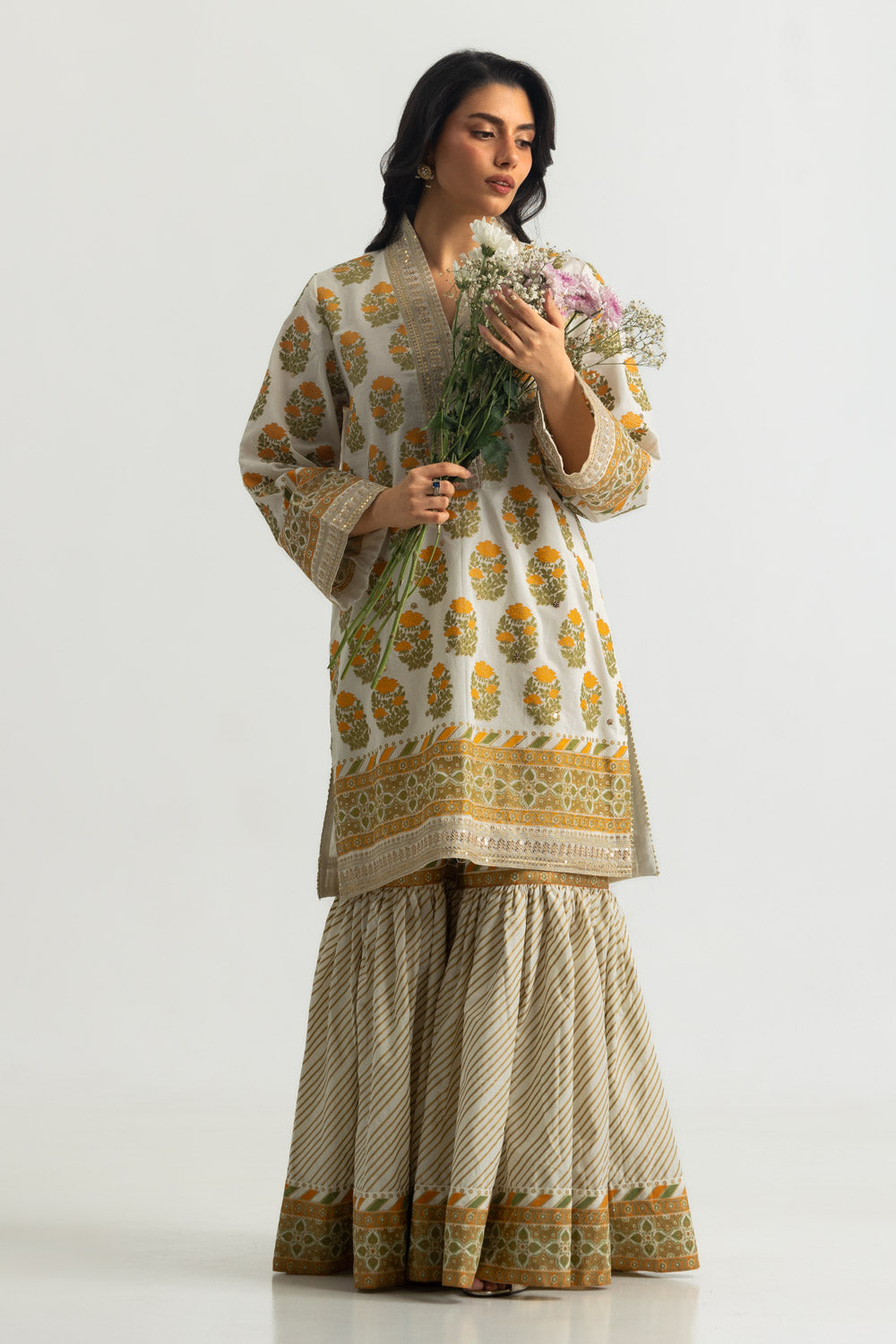 UAE-Cambric Printed Shirt And Gharara With Embroidered