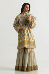 UAE-Cambric Printed Shirt And Gharara With Embroidered