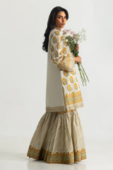 UAE-Cambric Printed Shirt And Gharara With Embroidered