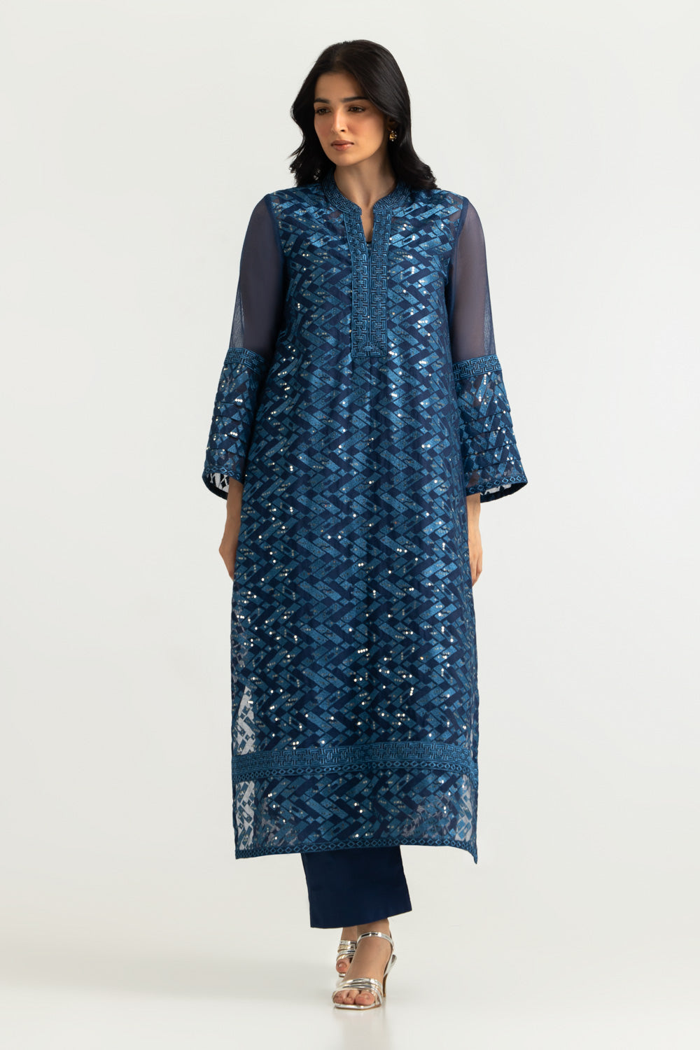 UAE-Cotton Net Embroidered Shirt And Dyed Trouser