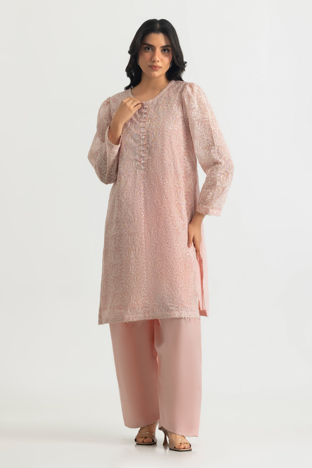 UAE-Cotton Net Embroidered Shirt And Dyed Trouser