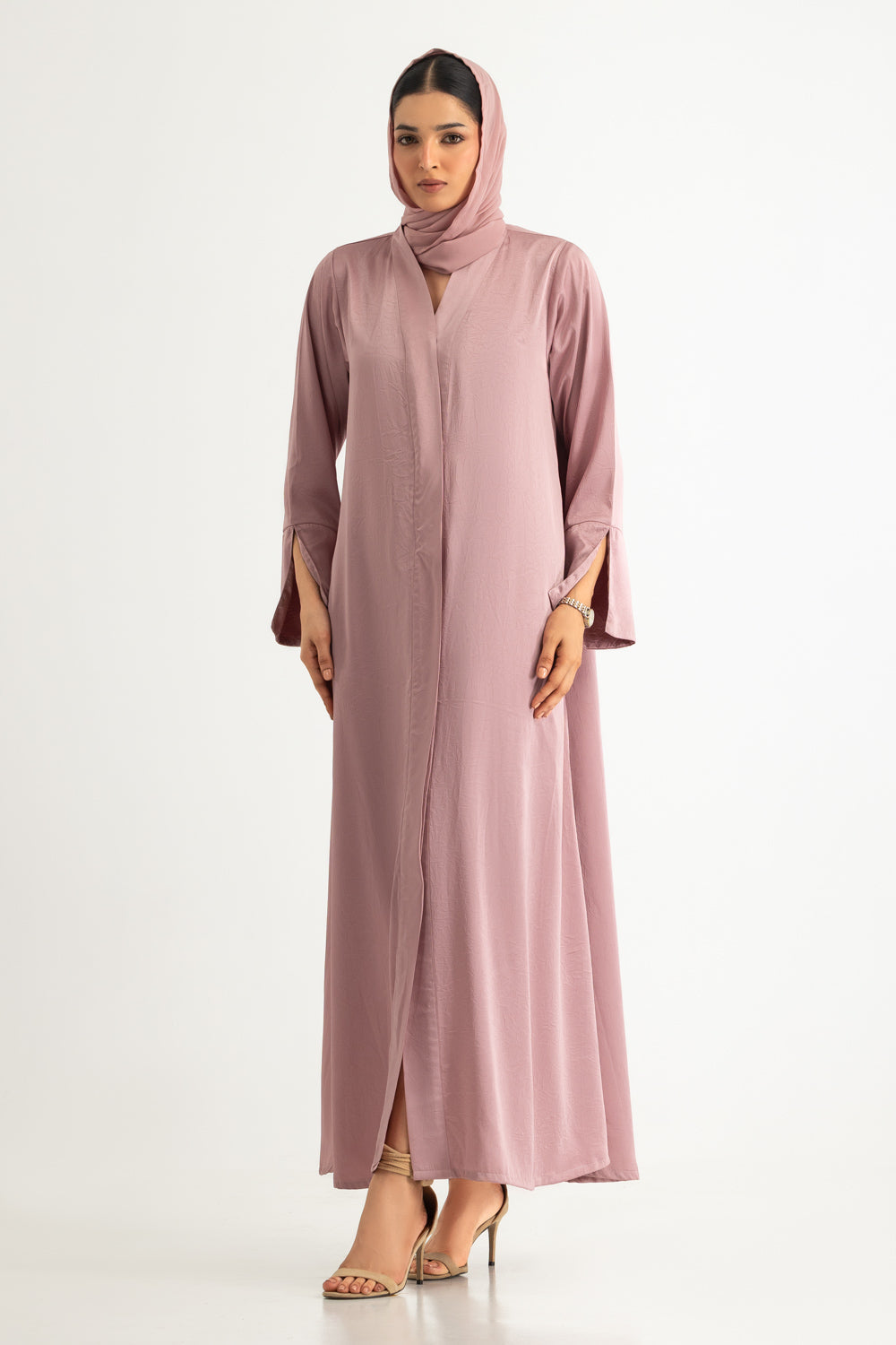 UAE- Crushed Satin Abaya With Dyed Scarf