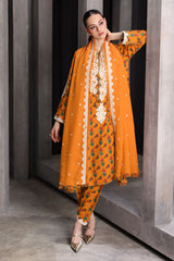 UAE-3 Piece Embroidered Printed Karandi Suit with Embroidered Karandi Dupatta