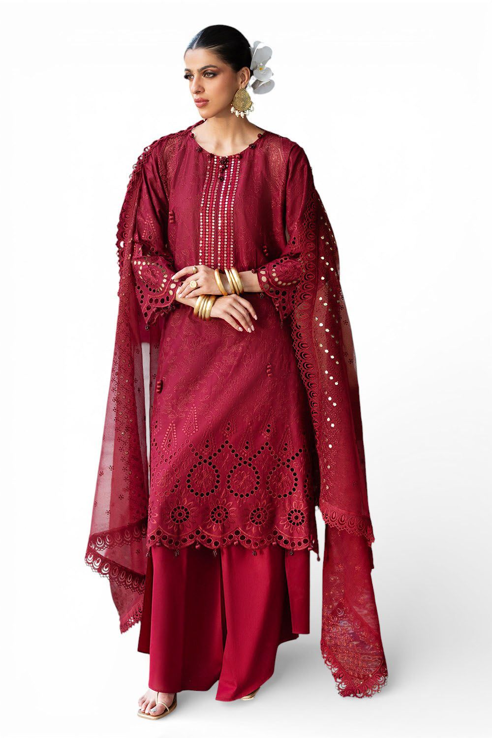 UAE-3 Piece Schiffli Embroidered Lawn Suit with Sequins Neckline and Net Dupatta FE-52015
