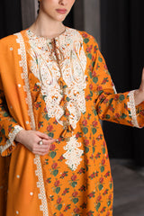 UAE-3 Piece Embroidered Printed Karandi Suit with Embroidered Karandi Dupatta