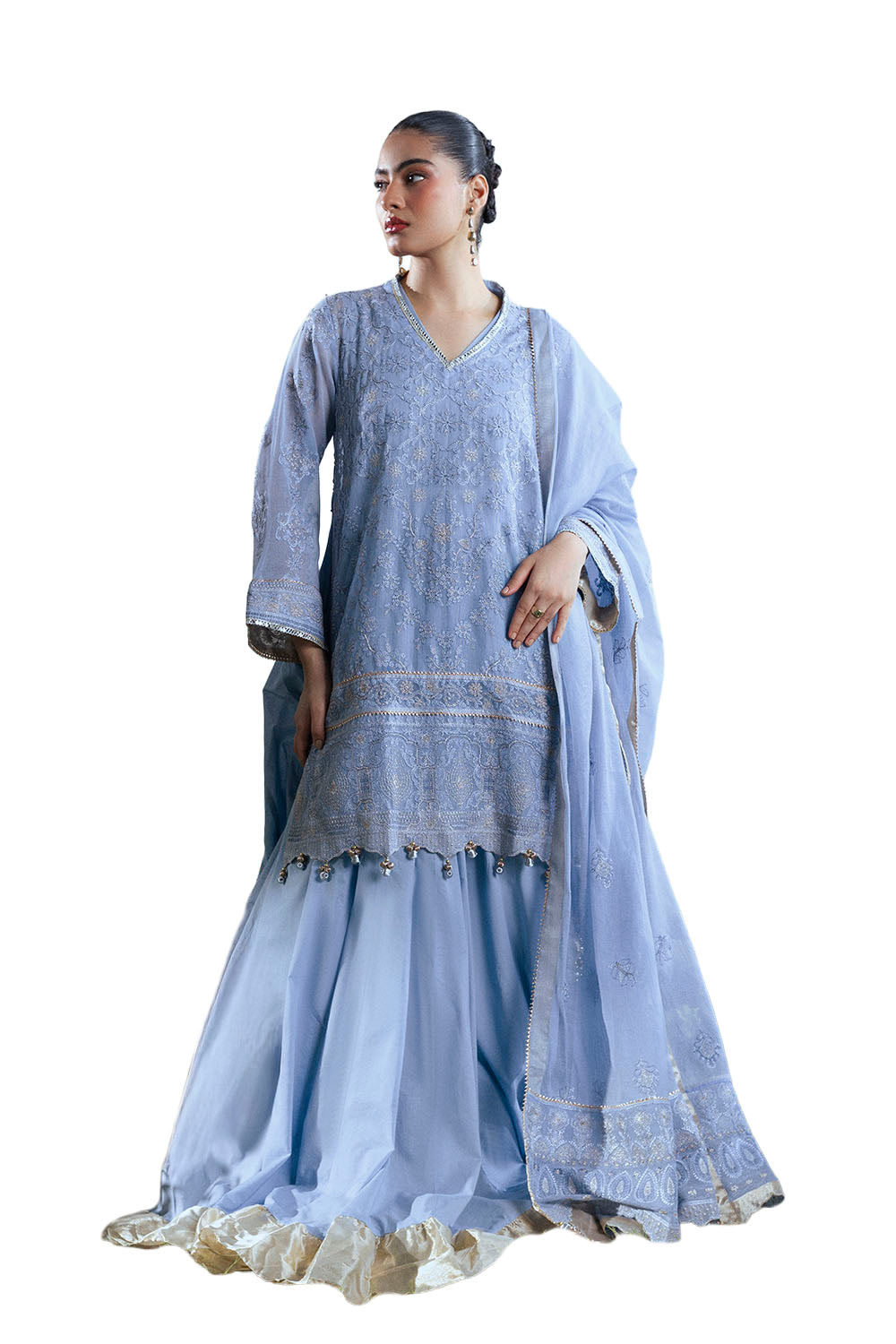 UAE-3 Piece Embroidered Cotton Net Suit with Pallu Dupatta FE-52165