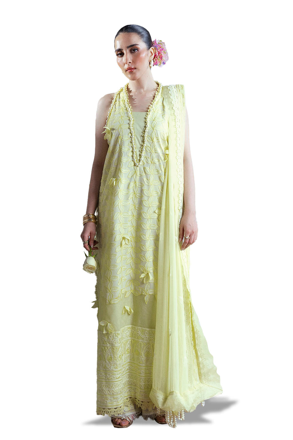 UAE-3 Piece Embroidered Cutwork Net Suit with Chiffon Dupatta FE-52159
