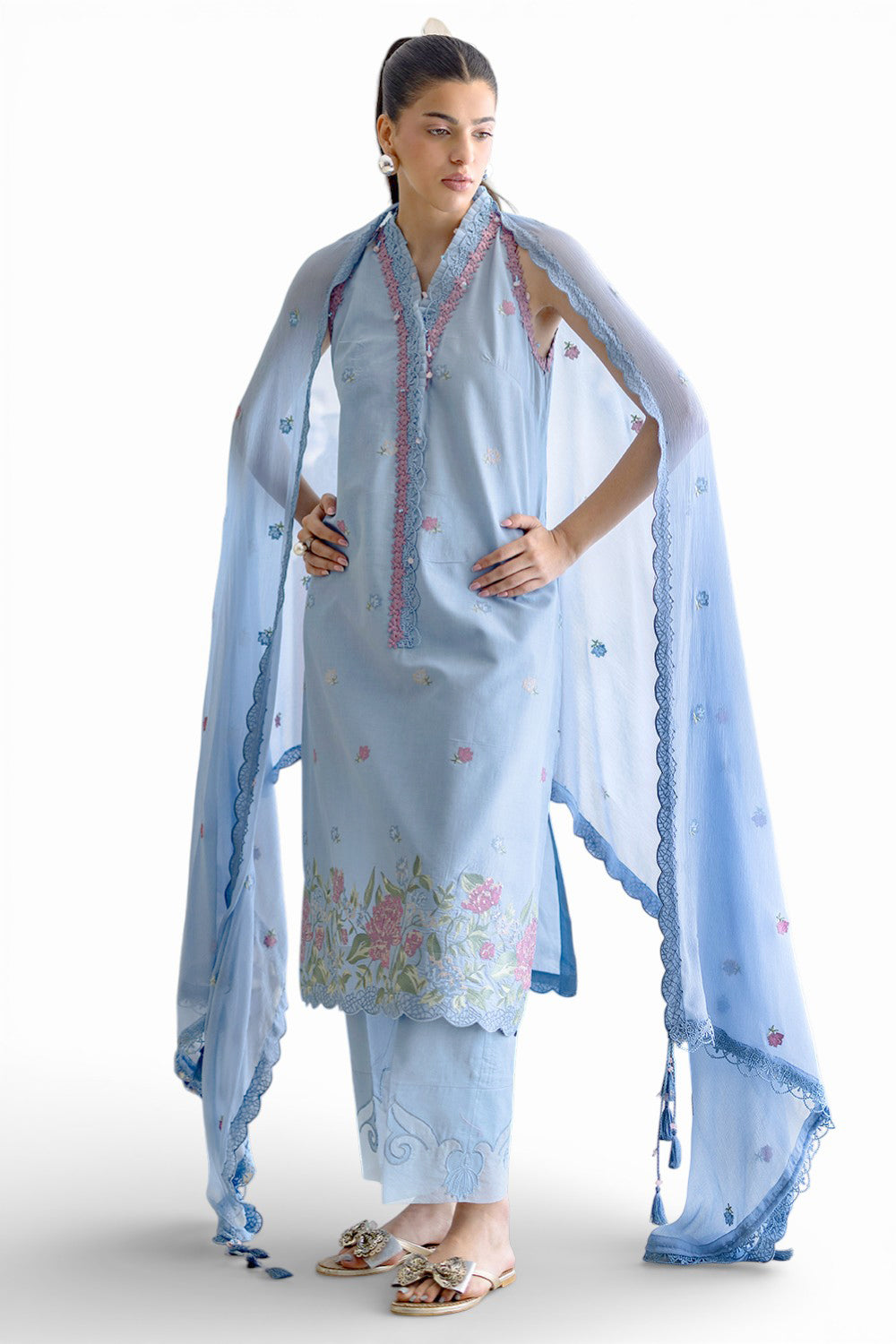 UAE-3 Piece Embroidered Lawn Suit with Chiffon Dupatta PM-62052