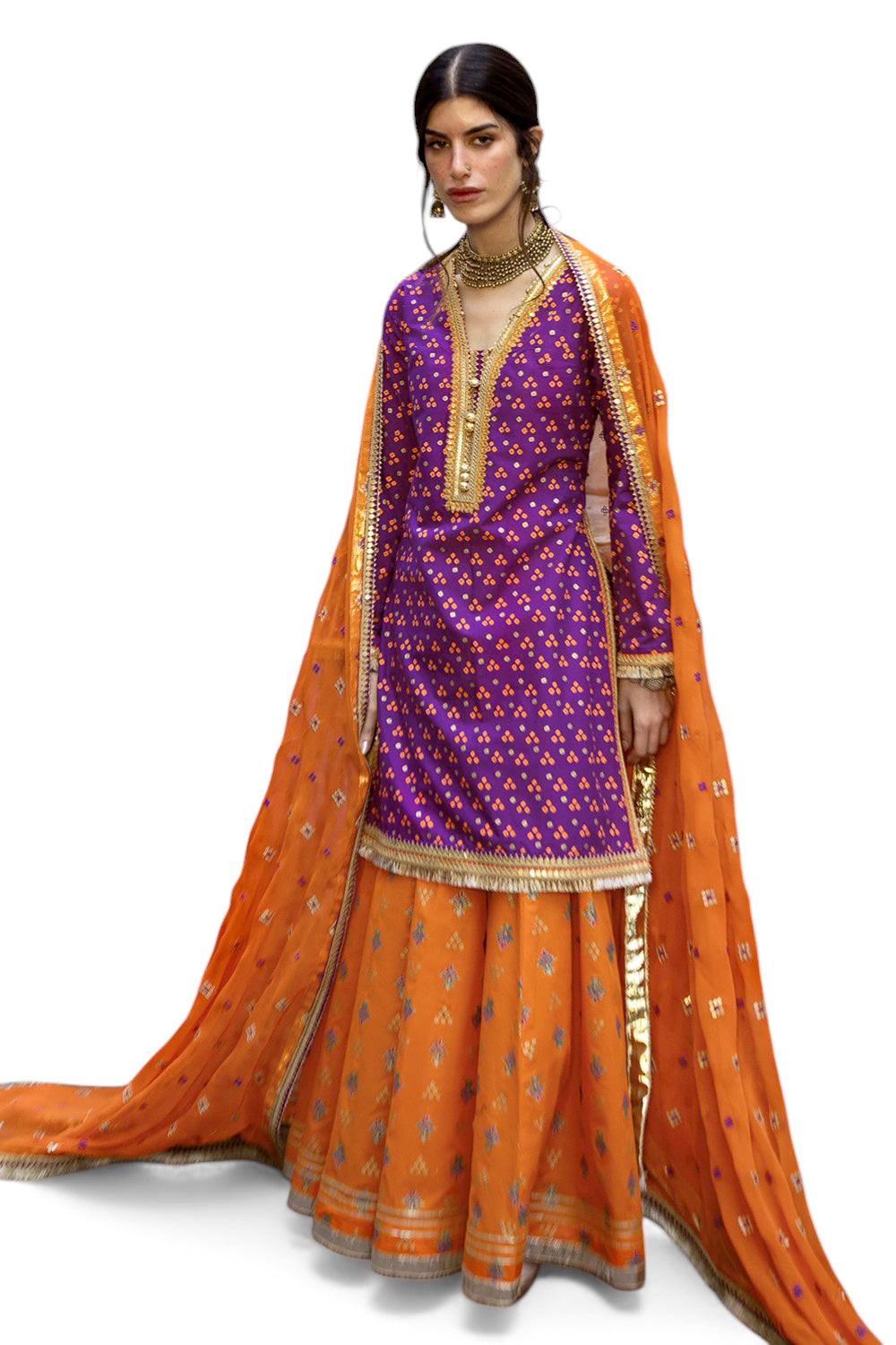 UAE-3 Piece Gold and Lacquer Printed Lawn Suit with Embroidered Chiffon Dupatta and Gold and Lacquer Printed Trouser BM-62028