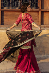 UAE-3 Piece Gold Printed Lawn Suit with Zari and Sequins Embroidered Chiffon Dupatta and Dyed Trouser BM-62041