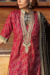 UAE-3 Piece Gold Printed Lawn Suit with Zari and Sequins Embroidered Chiffon Dupatta and Dyed Trouser BM-62041