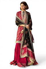 UAE-3 Piece Gold Printed Lawn Suit with Zari and Sequins Embroidered Chiffon Dupatta and Dyed Trouser BM-62041