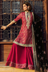 UAE-3 Piece Gold Printed Lawn Suit with Zari and Sequins Embroidered Chiffon Dupatta and Dyed Trouser BM-62041
