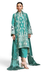UAE-3 Piece Embroidered Lawn Suit with Organza Applique Borders and Embroidered Denting Lawn Dupatta