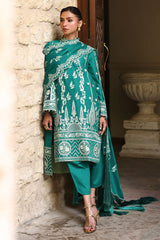UAE-3 Piece Embroidered Lawn Suit with Organza Applique Borders and Embroidered Denting Lawn Dupatta