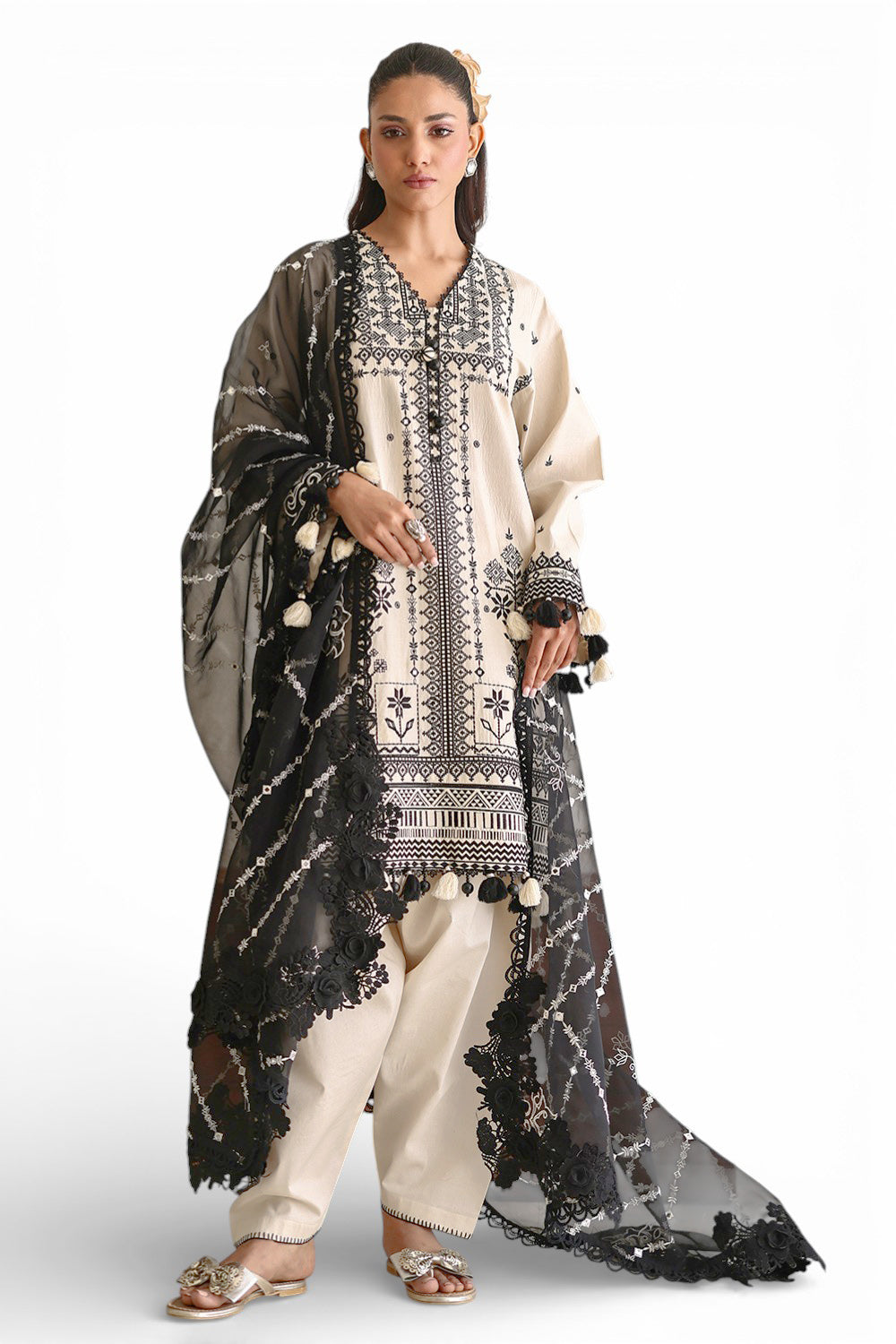 UAE-3 Piece Embroidered Lawn Suit with Organza Dupatta and Borders PM-62055