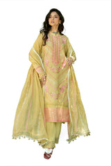 UAE-3 Piece Embroidered Paper Cotton Suit with Inner and Embroidered Borders and Embroidered Zari Stripe Paper Cotton Dupatta
