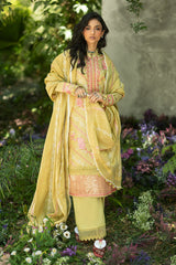 UAE-3 Piece Embroidered Paper Cotton Suit with Inner and Embroidered Borders and Embroidered Zari Stripe Paper Cotton Dupatta