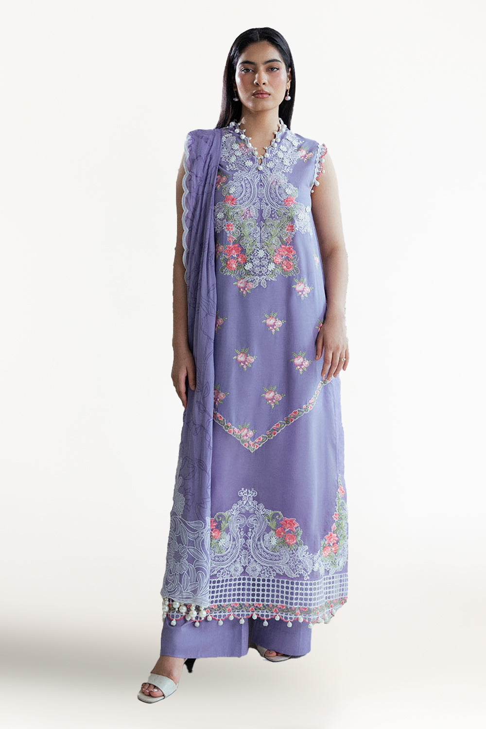 UAE-3 Piece Embroidered Lawn Suit with Neckline, Bunches and Chiffon Dupatta FE-52042