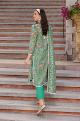 UAE-3 Piece Printed Lawn suit with Embroidered Organza Neckline