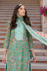UAE-3 Piece Printed Lawn suit with Embroidered Organza Neckline