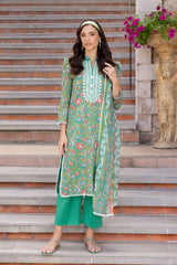 UAE-3 Piece Printed Lawn suit with Embroidered Organza Neckline