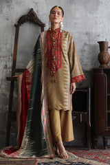 UAE-3 Piece Embroidered Printed Karandi Suit with Printed Karandi Dupatta