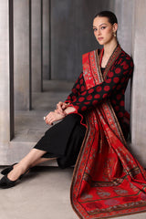 UAE-3 Piece Printed Khaddar Suit with Gold & Lacquer Printed Khaddar Dupatta