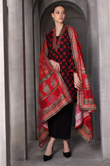 UAE-3 Piece Printed Khaddar Suit with Gold & Lacquer Printed Khaddar Dupatta