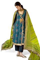 UAE-3 Piece Gold and Lacquer Printed Lawn Suit with Gold and Lacquer Printed Chiffon Dupatta and Dyed Trouser BM-62025