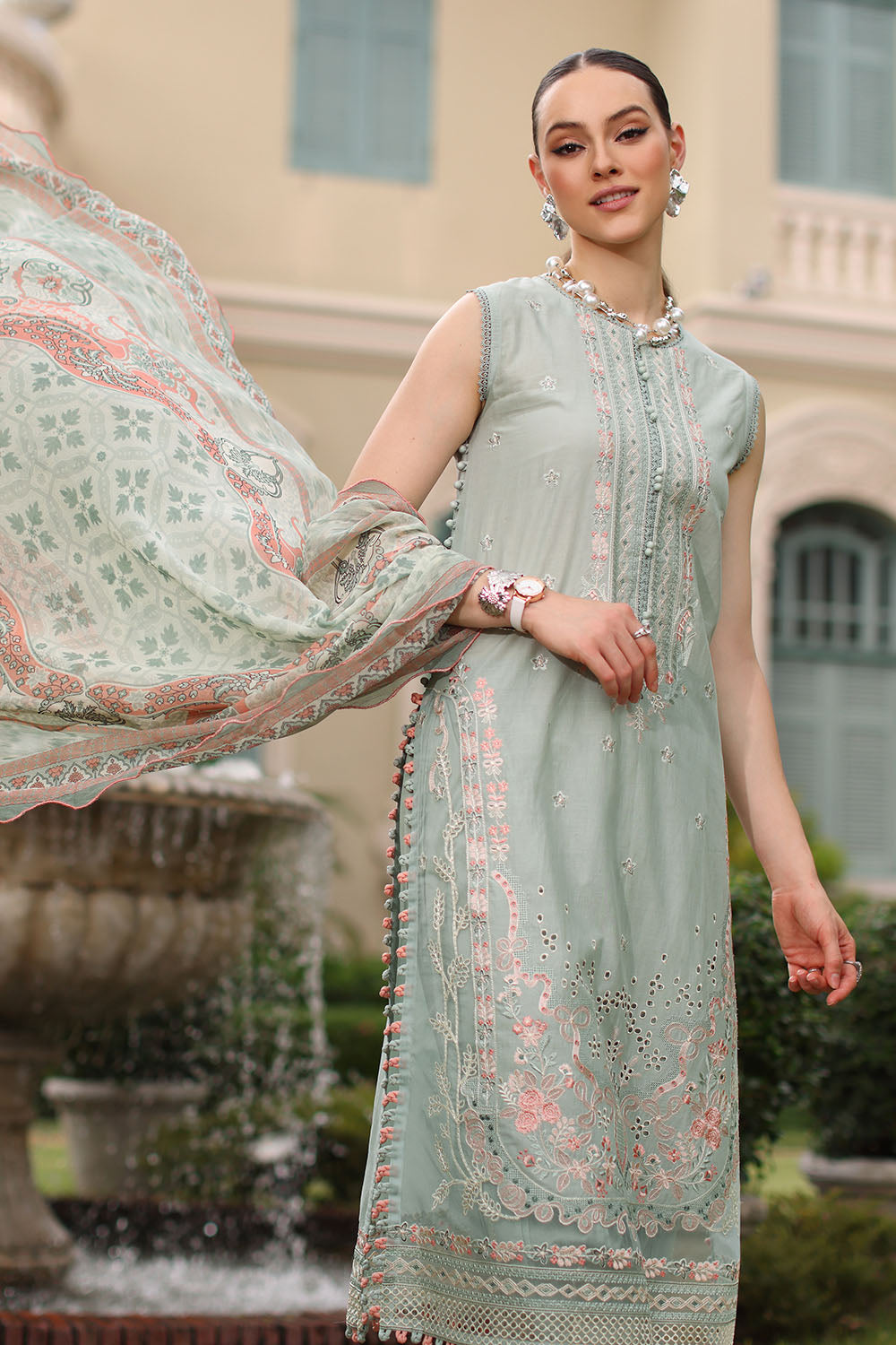 UAE-3 Piece Embroidered Lawn Suit with Chiffon Dupatta