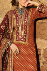 UAE-3 Piece Gold Printed Lawn Suit with Gold and Lacquer Printed Chiffon Dupatta and Dyed Trouser BM-62026