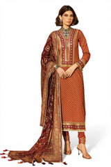 UAE-3 Piece Gold Printed Lawn Suit with Gold and Lacquer Printed Chiffon Dupatta and Dyed Trouser BM-62026