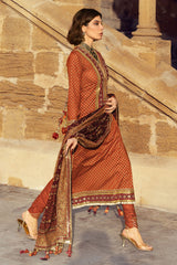 UAE-3 Piece Gold Printed Lawn Suit with Gold and Lacquer Printed Chiffon Dupatta and Dyed Trouser BM-62026