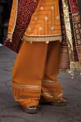 UAE-3 Piece Embroidered Gold and Lacquer Printed Lawn Suit with Gold and Lacquer Printed Chiffon Dupatta and Dyed Trouser BM-62029