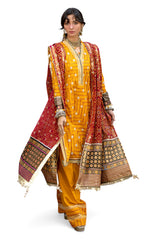 UAE-3 Piece Embroidered Gold and Lacquer Printed Lawn Suit with Gold and Lacquer Printed Chiffon Dupatta and Dyed Trouser BM-62029