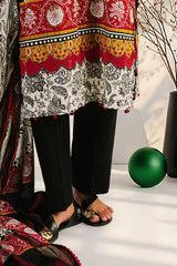UAE-3 Piece Embroidered Printed Cotton Suit with Printed Denting Lawn Dupatta