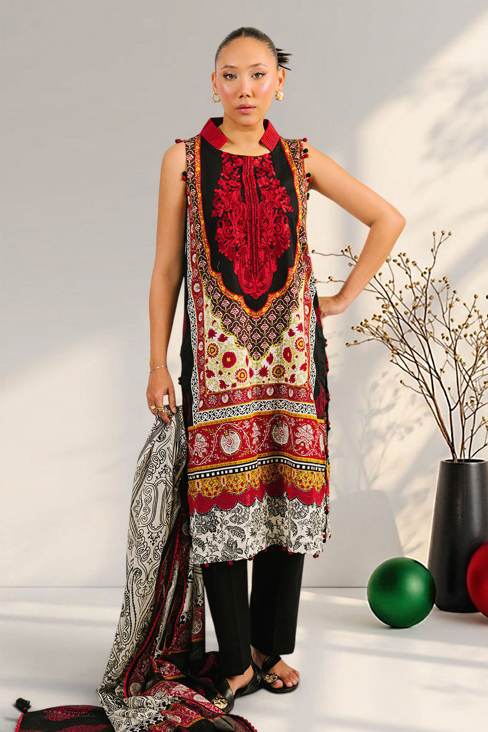 UAE-3 Piece Embroidered Printed Cotton Suit with Printed Denting Lawn Dupatta