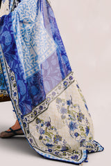 UAE-3 Piece Embroidered Printed Cotton Suit with Printed Denting Lawn Dupatta