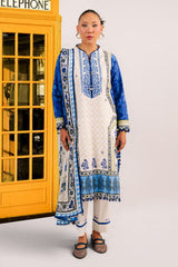 UAE-3 Piece Embroidered Printed Cotton Suit with Printed Denting Lawn Dupatta