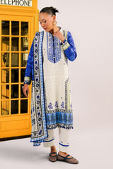 UAE-3 Piece Embroidered Printed Cotton Suit with Printed Denting Lawn Dupatta