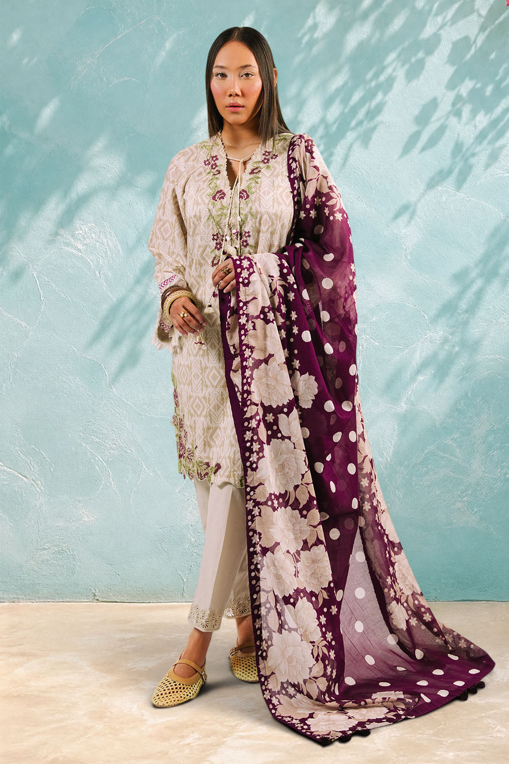 UAE-3 Piece Printed Cotton Suit with Printed Denting Lawn Dupatta and Embroidered Neckline and Motifs
