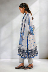 UAE-3 Piece Printed Cotton Suit with Printed Denting Lawn Dupatta and Embroidered Neckline