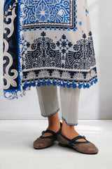 UAE-3 Piece Printed Cotton Suit with Printed Denting Lawn Dupatta and Embroidered Neckline