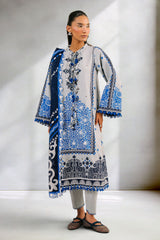 UAE-3 Piece Printed Cotton Suit with Printed Denting Lawn Dupatta and Embroidered Neckline