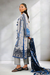 UAE-3 Piece Printed Cotton Suit with Printed Denting Lawn Dupatta and Embroidered Neckline