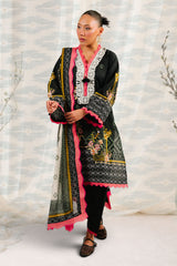 UAE-3 Piece Printed Cotton Suit with Printed Denting Lawn Dupatta and Embroidered Neckline