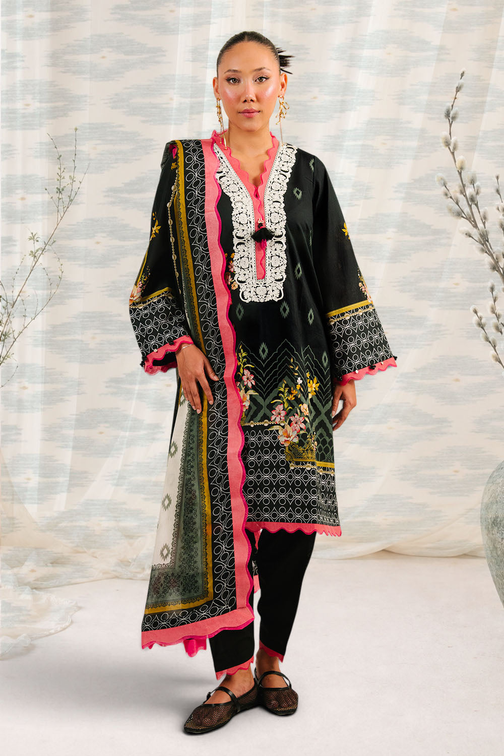 UAE-3 Piece Printed Cotton Suit with Printed Denting Lawn Dupatta and Embroidered Neckline
