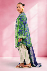 UAE-3 Piece Printed Cotton Suit with Printed Denting Lawn Dupatta and Embroidered Neckline