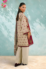 UAE-3 Piece Printed Cotton Suit with Printed Denting Lawn Dupatta and Embroidered Trouser